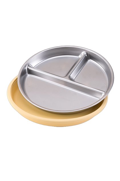 20-Light yellow Color Kids 1PCS Stainless Steel Plate Detachable Suction Dishes Baby Feeding Sucker