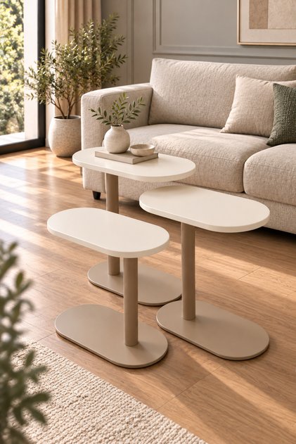 Krem renk MDF (MEMBRAN BASKI ) üst tabla , cappicino renk Metal Ayaklı 3'lü Zigon Sehpa Seti –– salon /Koltuk altı Sehpa – yan sehpa - c sehba modern sehb