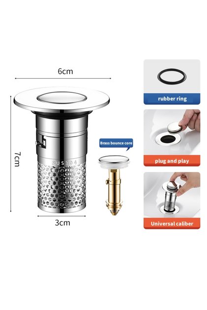 silver Stainless Steel Floor Drain Filter Washbasin Plug Anti Odor Pop-Up Bounce Core Basin Stopper