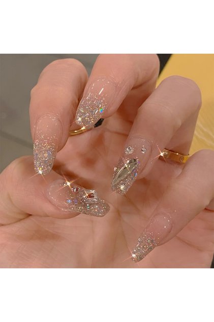Nude color 24 Pcs Short Coffin Press On Nails Pink White False Nails with Rhinestone Reusable Fake N