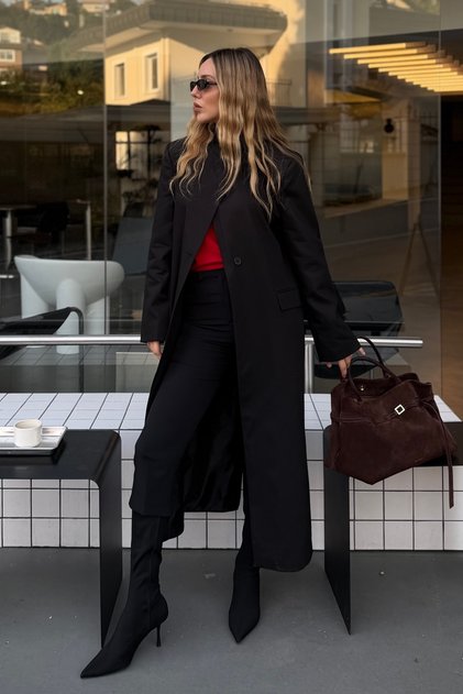 Black Button Detailed Long Coat - 502335