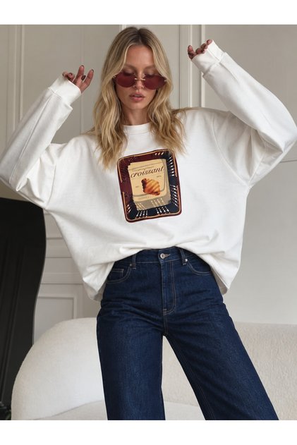 Women's Ecru Printed Cotton Sweatshirt