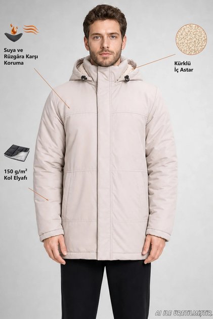 Men's Stone Fleece Shearling Detachable Hood Water and Windproof Hooded Winter Coat & Jacket & Parka