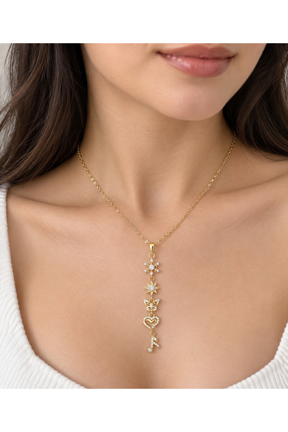 Elegant Multi-Figure Detailed Gold Color Steel Necklace – Stylish with Star, Heart, and Key Pendants