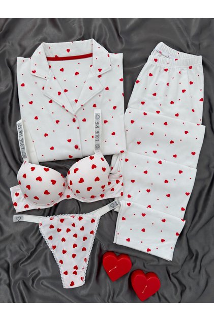 Women's Patterned Buttoned Premium Thermosoft Pajama Set with Underwear