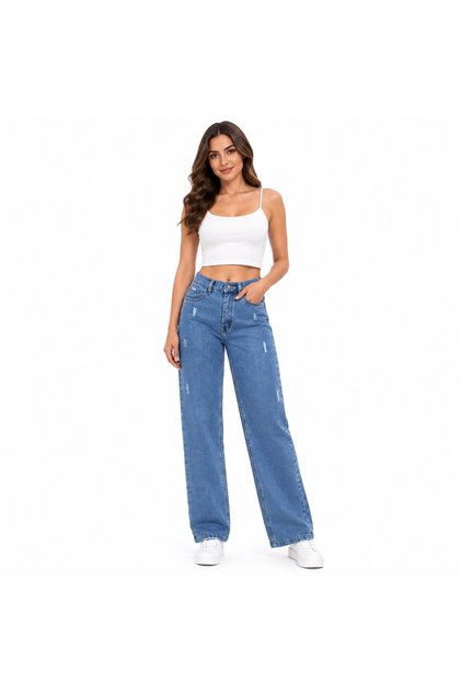 Women's Distressed Denim Wide Leg Jeans, Classic Blue Relaxed Fit Straight Leg Pants, Casual Comfort High Waist Style for Daily Wear and Fashion Outfits
