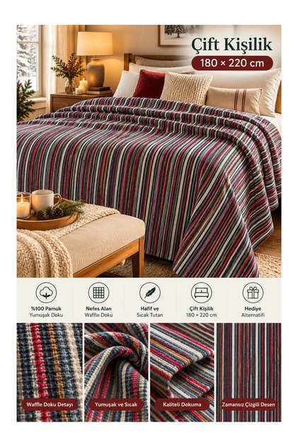 Thin Striped Patterned Double Blanket Navy Blue Claret Red 180X220 cm