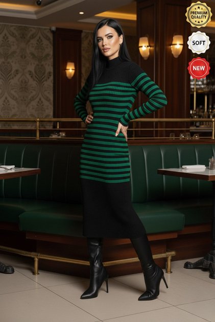 Women's Green Black Line Detailed Half Fisherman Slim Pencil Knitwear Dress