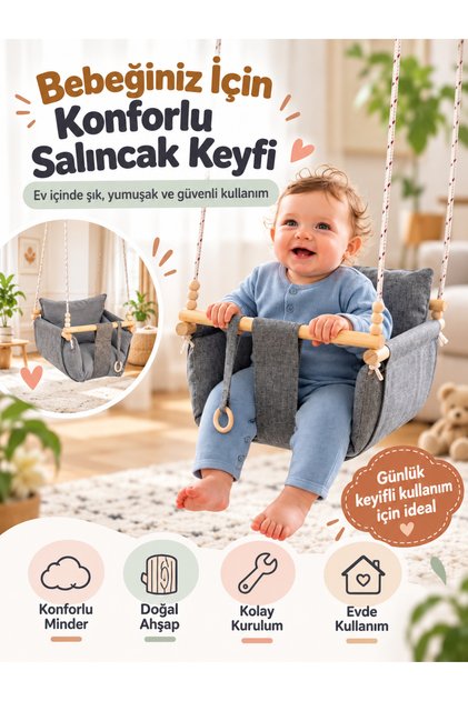 Ahşap Çocuk & Bebek Salıncağı Gri Renk Minder Yastık ve Diş Halkalı Tavan Salıncak