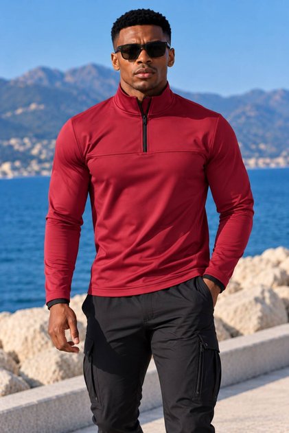 Hanorac de scuba cu fermoar scurt | WINE BORDEUX (Hanorac scuba cu jumătate de fermoar, croială slim fit)