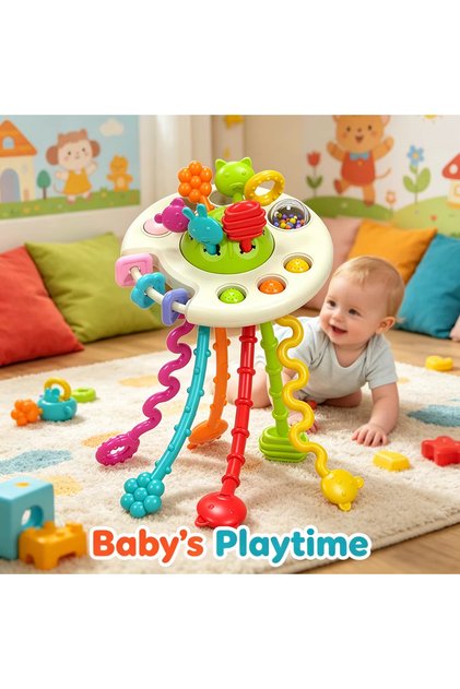 white Activity Development Pull String Toys Silicone Teething Rattle Educational Learning Toy Baby S