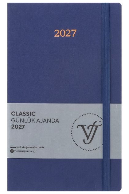 Classic 2027 Daily Planner – Linen Hard Cover, 13X21 Cm, Elastic, Pocketed – Navy Blue