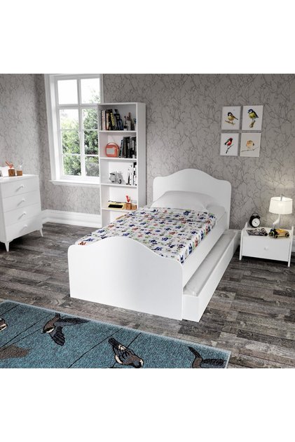 Kanguru Yavrulu Karyola 90x190cm Tekerlekli Yavru Yatak- Metal L Demir Destekli Beyaz %100 Mdf