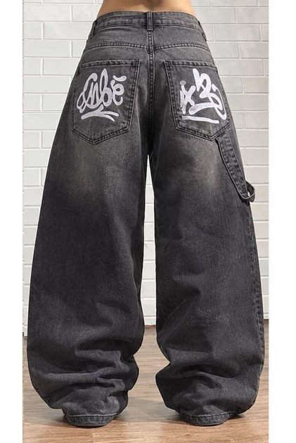 Baggy Black Washed Denim Pants with Pocket Embroidery and Side Strap Detail, Y2K Style.