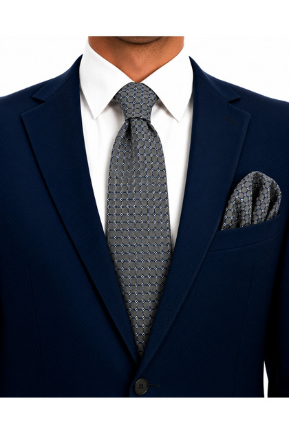 8 cm Gray Navy Blue Patterned Tie and Handkerchief Set