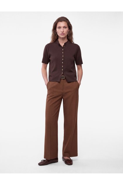 Straight Cut Wide Leg Belted Fabric Trousers with Pockets