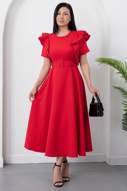 Atlas Dress with Ruffled Sleeves and Belt DKS1213