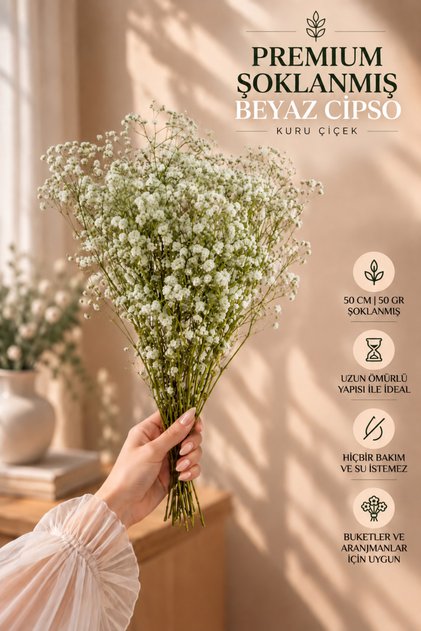 Kuru Çiçek 1.kalite Şoklanmış Dökülmeyen Natural Beyaz Cipso Demeti