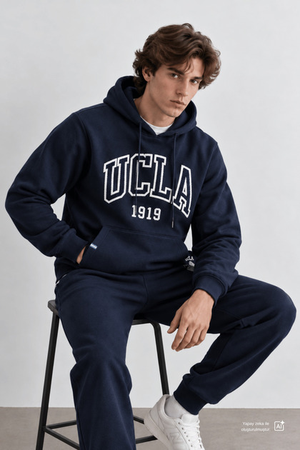 JEPSEN Lacivert Kapüşonlu Nakışlı Şardonlu Standard Fit Erkek Sweatshirt