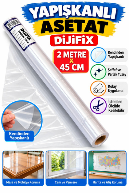 Dijifix Yapışkanlı Asetat 80micron 2mx45cm şeffaf 1 adet