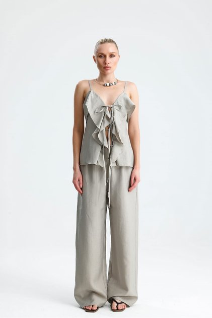 Lavender Front-Fly Lace-Up Blouse and Stone-Colored Pants Set.
