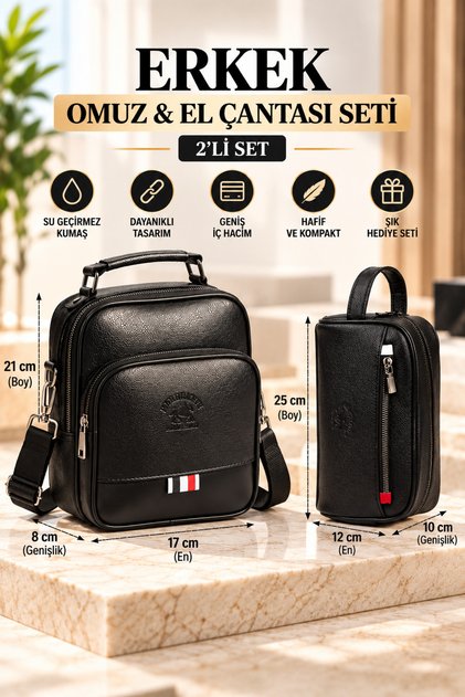 Set of 2 Men's Black Hand Bag, Shoulder Bag and Shaving Clutch Bag for Daily Use and Travel