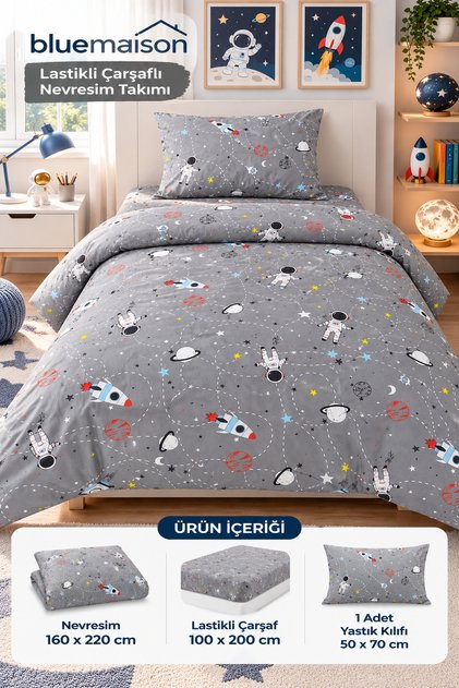 Youth Room Duvet Cover Set with Elastic Sheets 100% Cotton Space Smoked