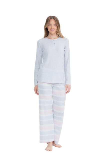 U.S. Polo Assn. 17096 Women's Perforated Polar Waffle Fabric Long-Sleeved Wide-Leg Pajama Set - Pink