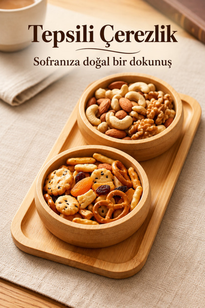 2-Piece Natural Snack Bowl Set with Bamboo Trays and Round Compartments, Presentation Snack Bowl
