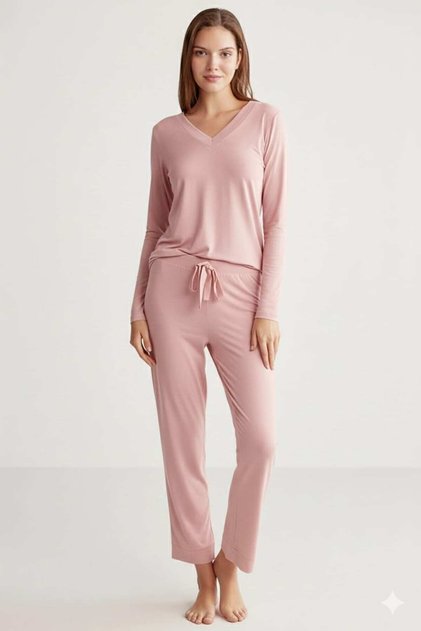 318 Soft Texture Long Sleeve Women's Pajama Set-Powder