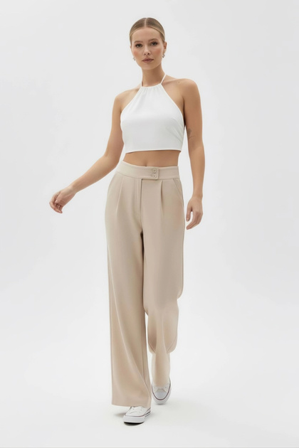 Stretch Fabric Double Buttoned Flexible Cream Palazzo Pants