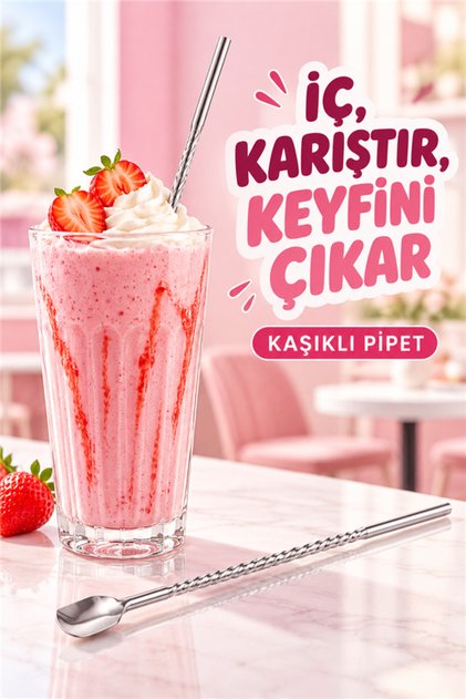 Kaşıklı Milkshake Pipeti Gümüş Paslanmaz Çelik 6'Lı Pipet Seti+ 1 Adet Temizleme Fırçası