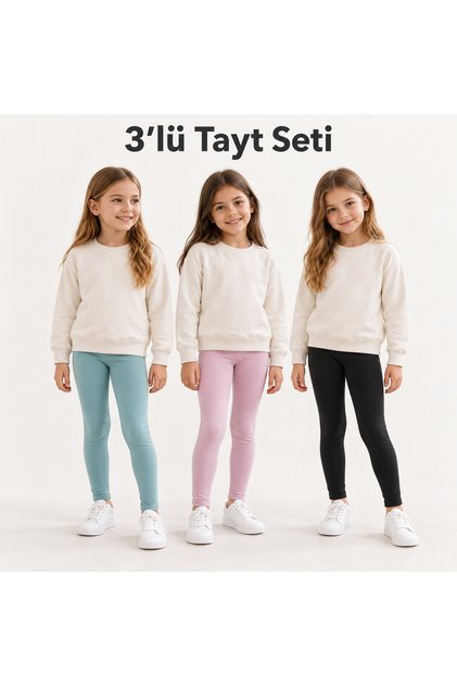 Ribbed Girls' Sweatpants Set of 3 – Green, Black, Pink | Soft and Warm, Elastic Waistband