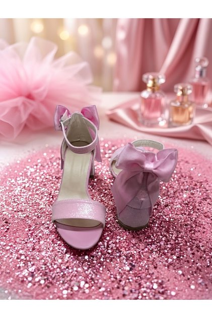 Pink and Silver Ribbon High-Heeled Evening Shoes with a Bow on the Back.