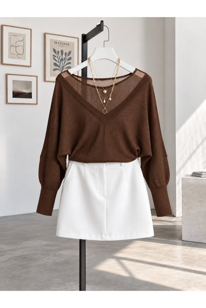 Tulle Detail on the Collar Front and Back V-Neck Mercerized Knitwear Women's Sweater