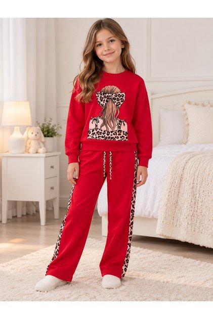 Girl's Cotton Fabric Red Color Leopard Buckle Patterned Long Sleeve Winter Tracksuit Set