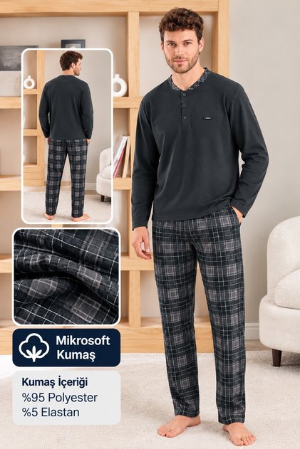 Erkek Düğme Yaka Kışlık Mikrosoft Likralı Pijama Takımı 6410/6 - 1 Adet