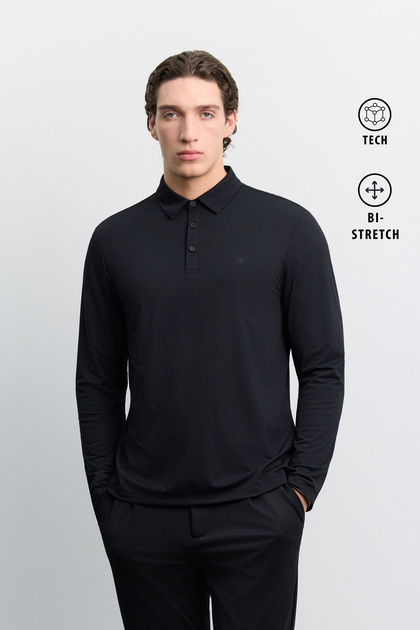 Men's Black Polo Collar Buttoned Technical Fabric Long Sleeve Basic Regular Fit T-Shirt A62Y1014