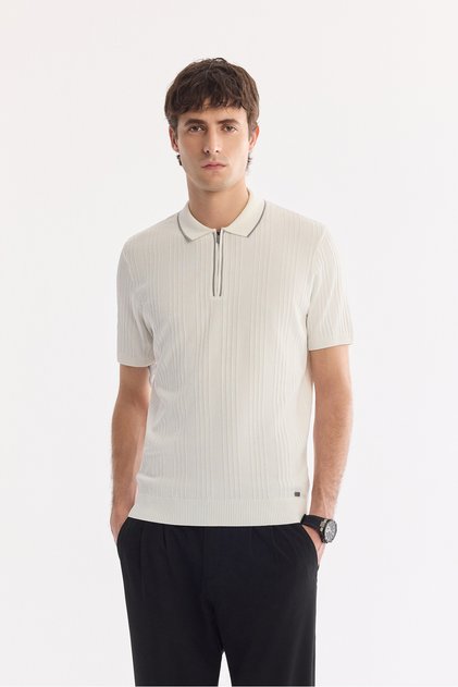 Men's Ecru Polo Collar Zippered Easy-Ironing Wrinkle-Resistant Regular Fit Knitwear T-Shirt A61Y5031