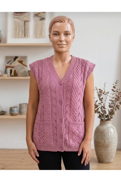 Houndstooth Knitted Dowry Casual Pocketed Knitwear Mother's Vest Winter Seasonal Vest