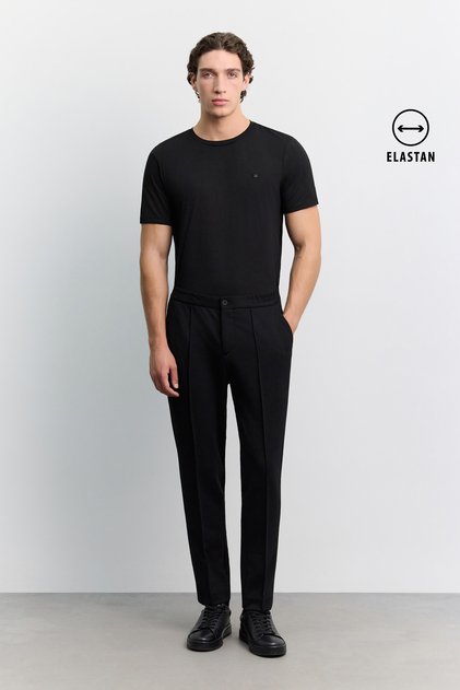 Men's Black Classic Waist Viscose Blended Interlock Relaxed Fit Trousers A62Y3009