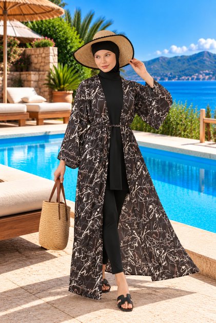 Patterned Pareo on Hijab Swimsuit