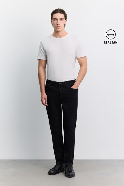 Men's Black Vintage Washed Cotton Elastane Madrid Comfort Slim Fit Jean Trousers A62Y3528