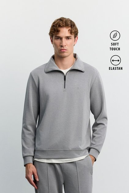 Men's Gray Stand Collar Zippered Modal Blend Soft Touch Regular Fit Sweatshirt A62Y1271