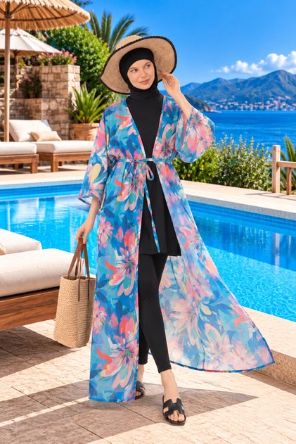 Patterned Pareo on Hijab Swimsuit