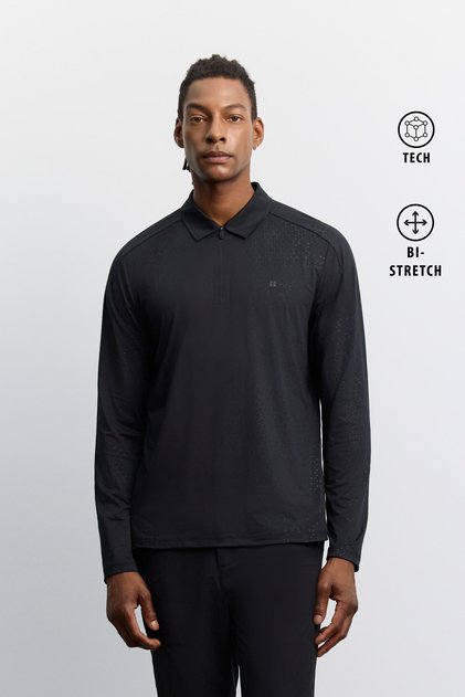Men's Black Polo Collar Buttoned Technical Fabric Long Sleeve Basic Regular Fit T-Shirt A62Y1015