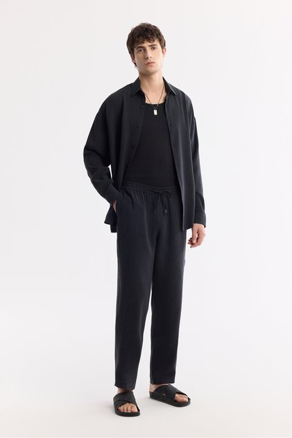 Men's Black Elastic Waist Lace-Up Soft Touch Trousers A51Y3031