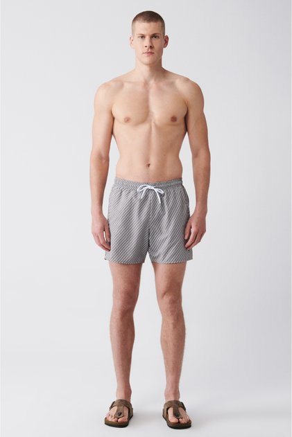 Men's Gray-white Quick Drying Printed Standard Size Swimsuit Swim Shorts E003802