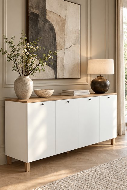 Nord Konsol 4 Kapaklı Ahşap Ayaklı 180cm Sepet-Beyaz ND4-SW