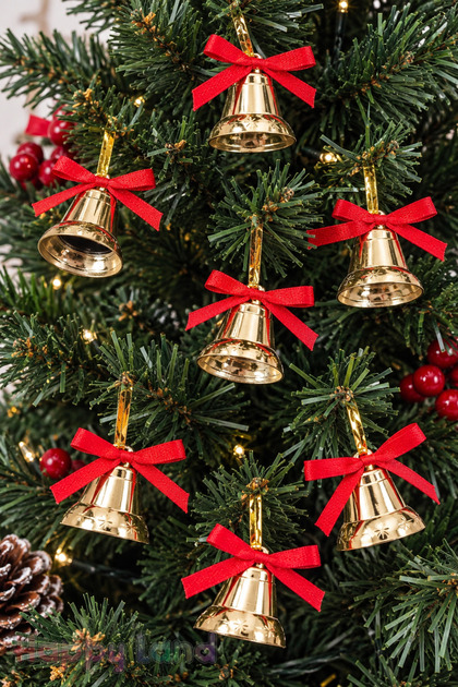 Christmas Tree Ornament Red 9-Piece Bell Ornament 3 cm Gold Color Pine Tree Ornament Drawstring Bell